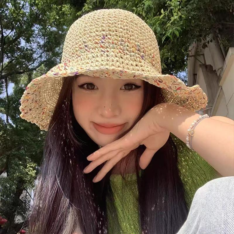 Bucket Hat Straw - Women Hand Woven Rainbow Straw Bucket