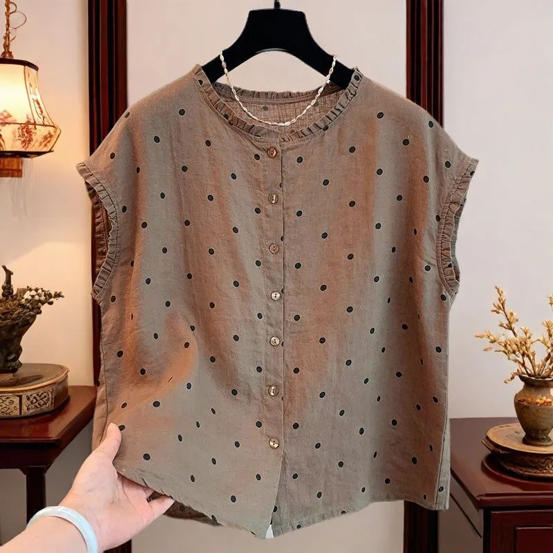 Shirt Camp Collar - Women's Retro Polka Dot Linen Cotton